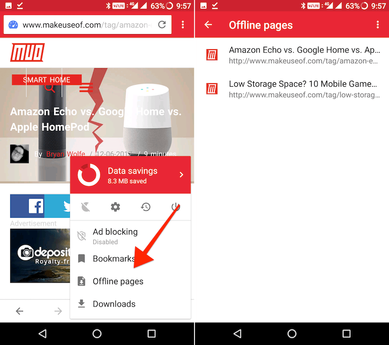 Секция Офлайн‑страниц в Opera Mini