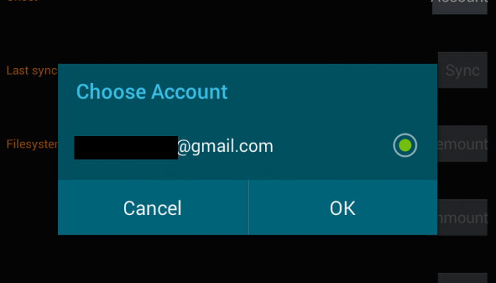 GmusicFS: schermata di accesso all'account Google