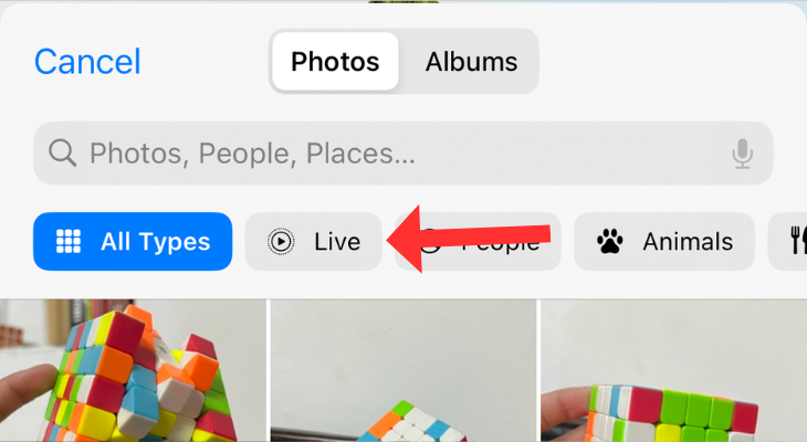 Опция выбора Live Photo в Apple Messages