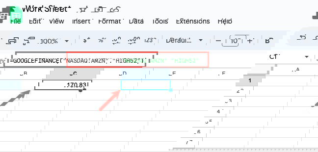 Формула GOOGLEFINANCE для 52‑недельного максимума Amazon