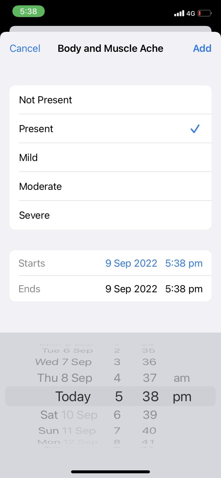 Форма добавления данных о симптоме в Apple Health