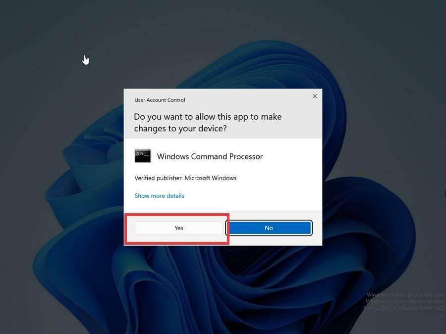 UAC command prompt yes button