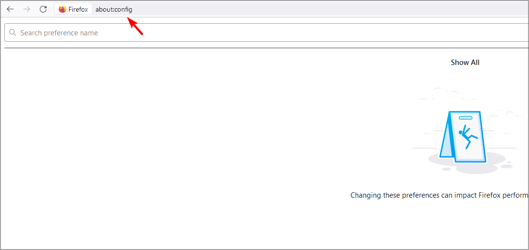 Снимок экрана: предупреждение about:config в Firefox