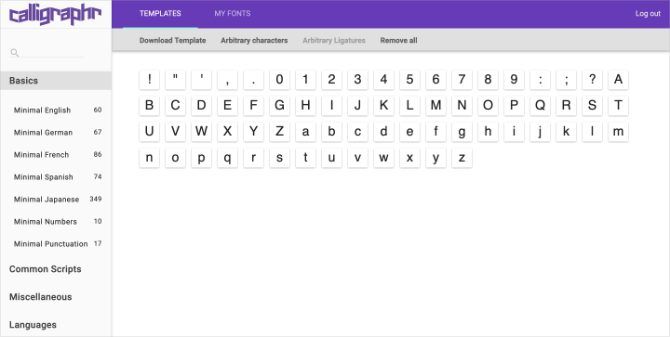 Страница создания шаблона шрифта в Calligraphr