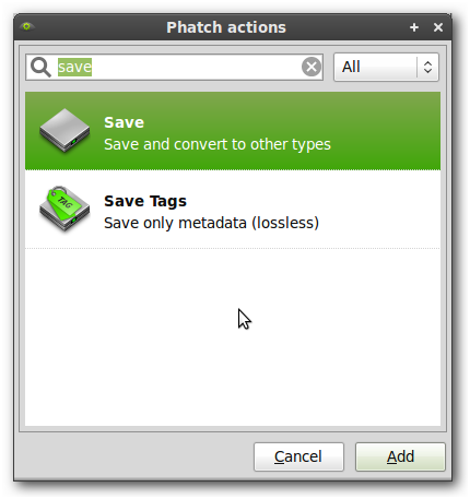 Список действий Phatch с действием Save внизу