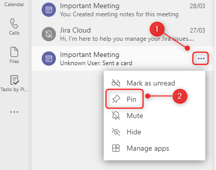Пункт меню «Закрепить» в Teams
