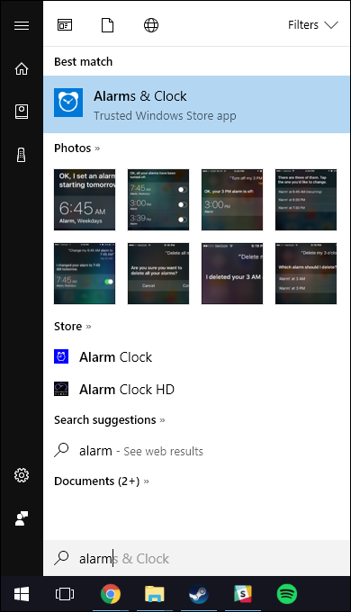 Результат поиска «Будильники и часы» в меню Пуск