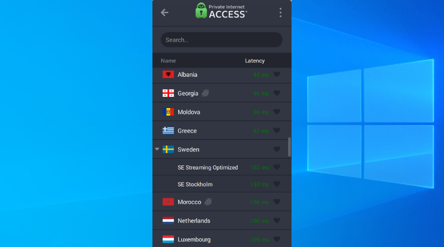 Список серверов VPN и параметры скорости