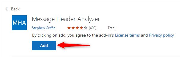 Надстройка Message Header Analyzer с выделенной кнопкой «Добавить».
