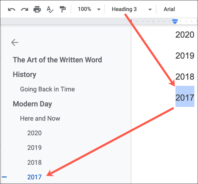 Применение заголовка для появления в Оглавлении