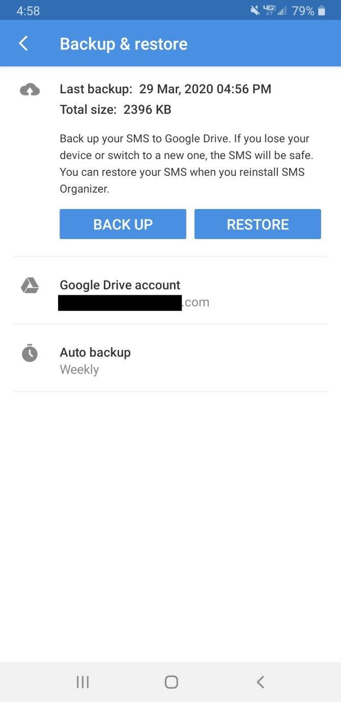 SMS Organizer — экран резервного копирования на Google Drive