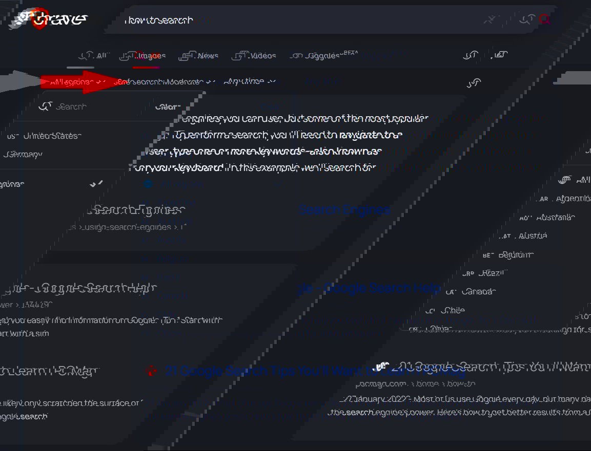 Список регионов в Brave Search