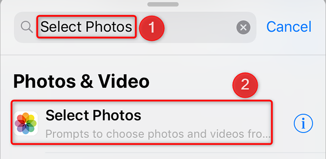 Результат поиска и выбор действия Select Photos