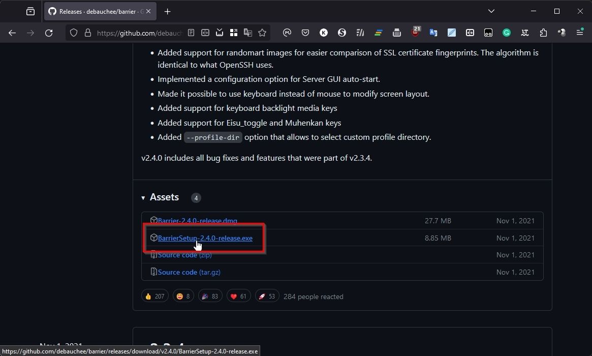 Страница релизов Barrier на GitHub с выделением раздела Releases
