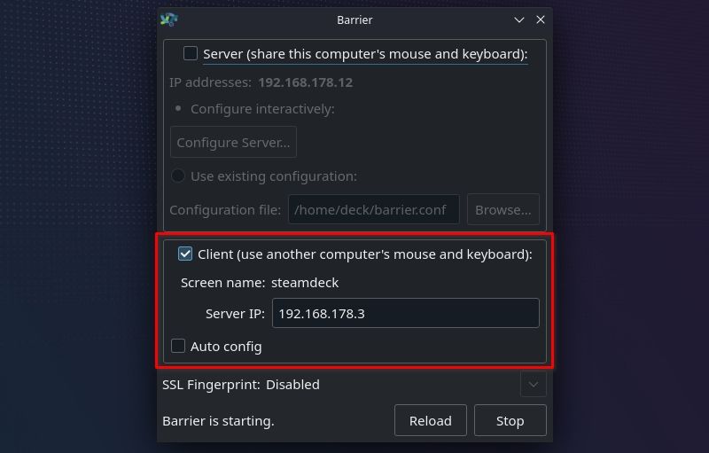 Окно Barrier на Steam Deck в режиме Client с полем Server IP