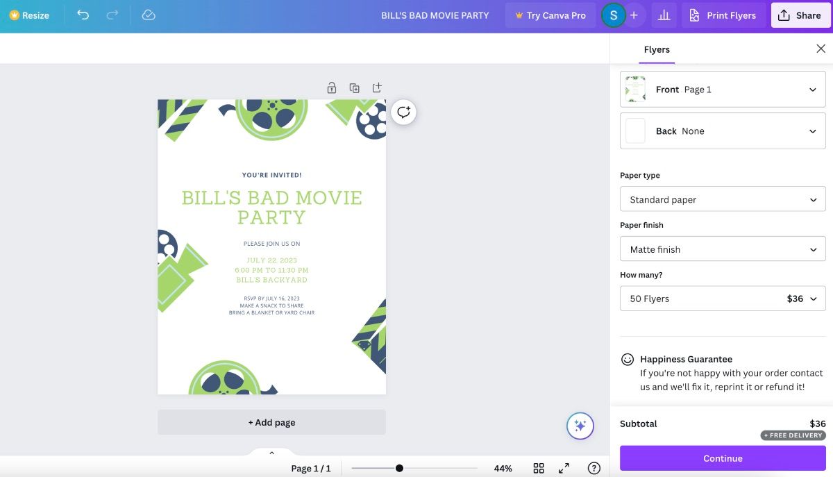 Параметры печати флаера в Canva — выбор бумаги и отделки