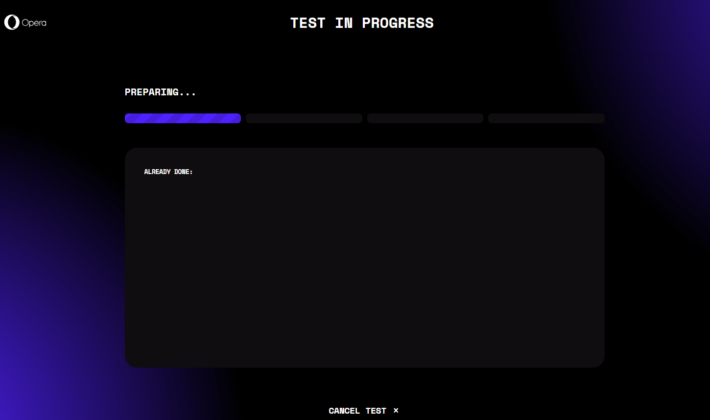 Esecuzione del test con barra di progresso e dettagli