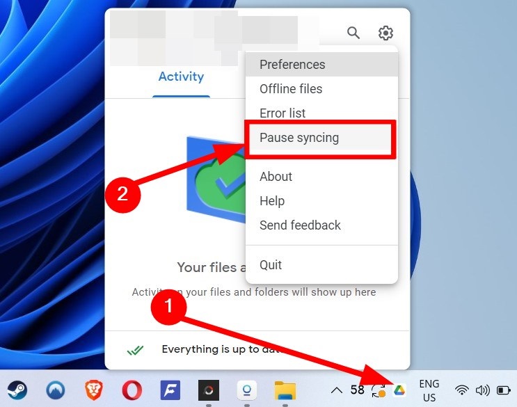 Меню синхронизации Google Drive с опцией приостановить синхронизацию