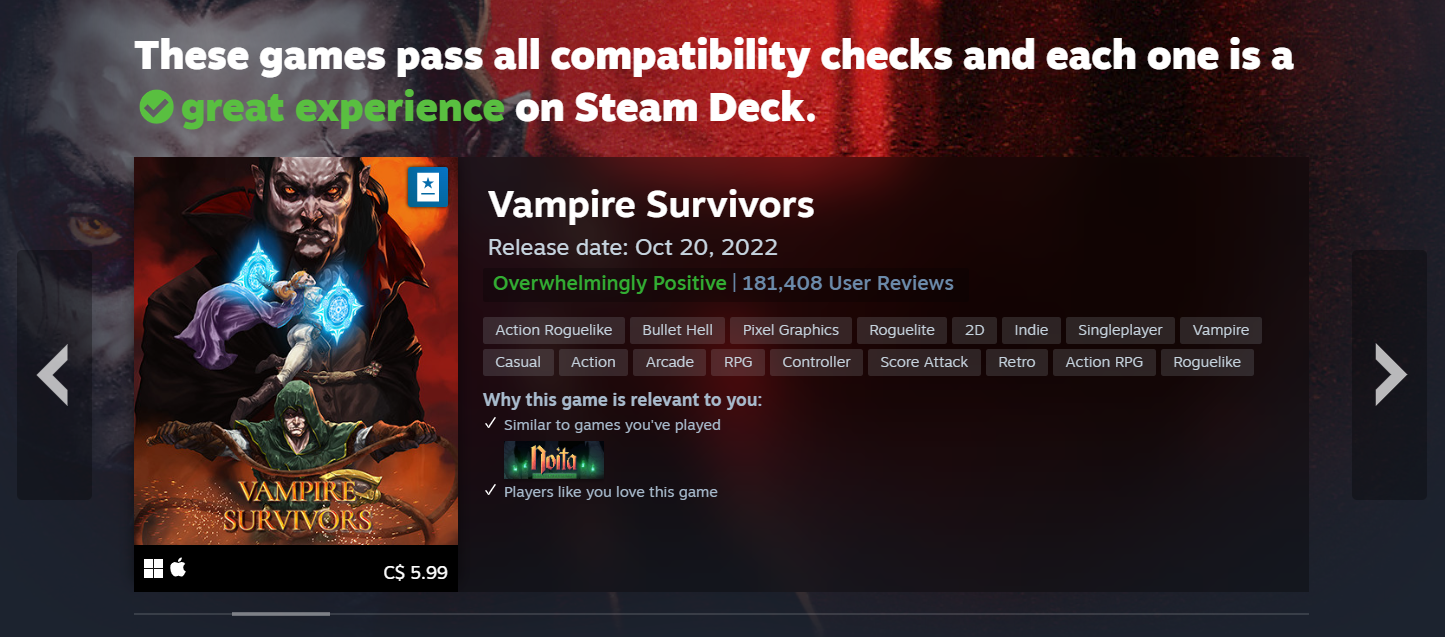 Веб-страница Steam Deck Verified с рекламой Vampire Survivors