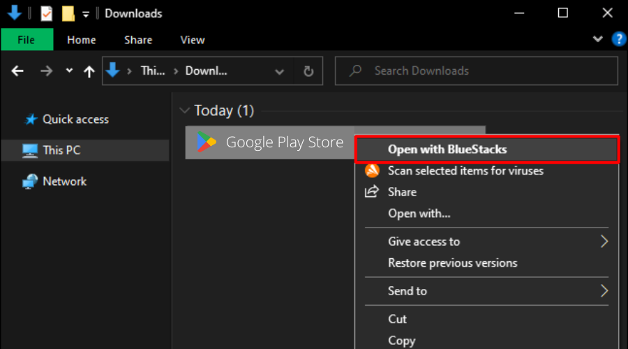 Открытие APK в BlueStacks
