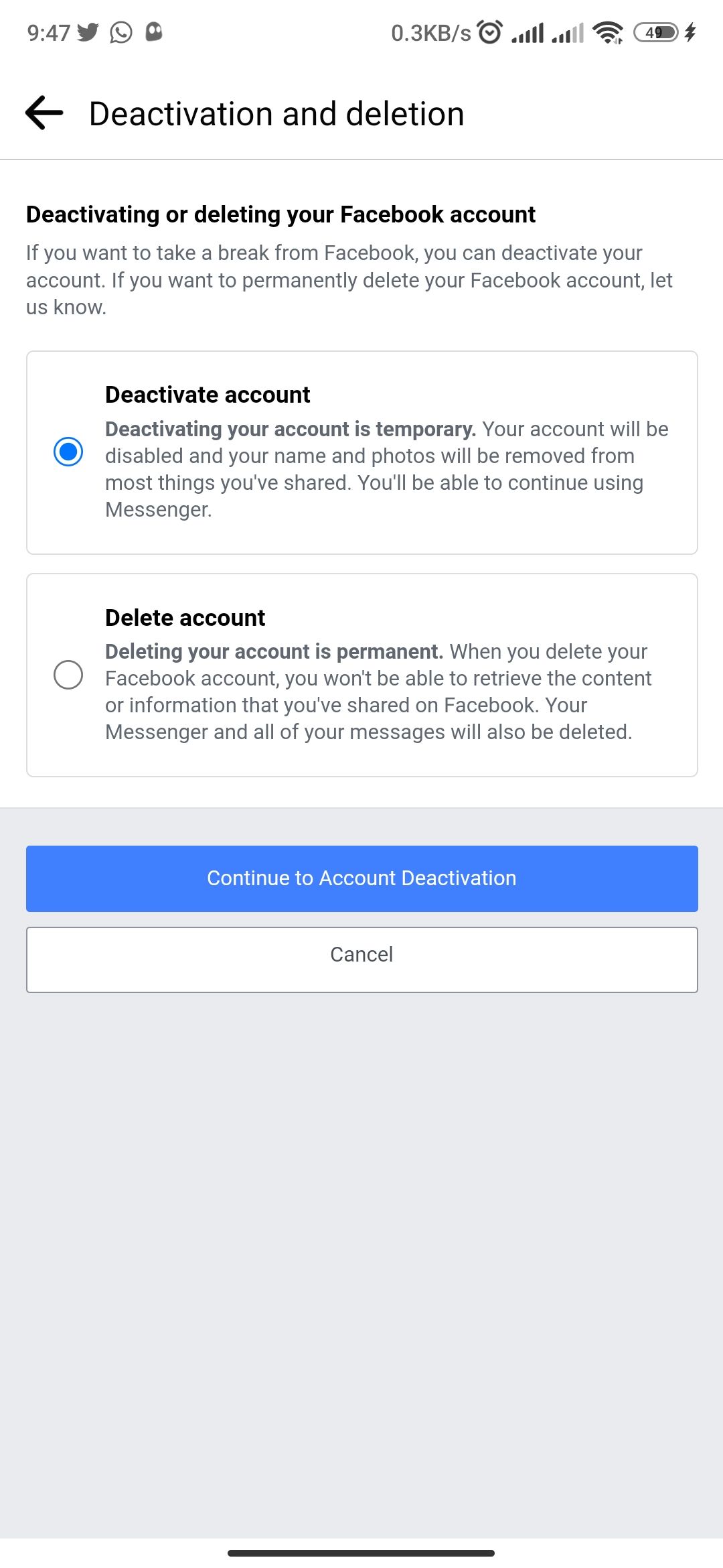 Опция деактивации аккаунта в приложении Facebook на Android