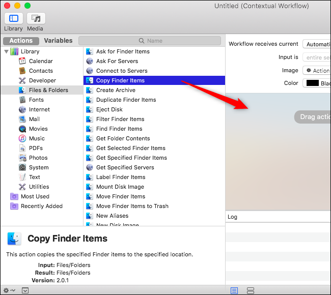 Действие Copy Finder Items в Automator, показывающее параметры места сохранения