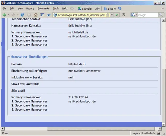 Список текущих серверов имён — ns1.hits4all.de как primary и ns10.schlundtech.de как secondary