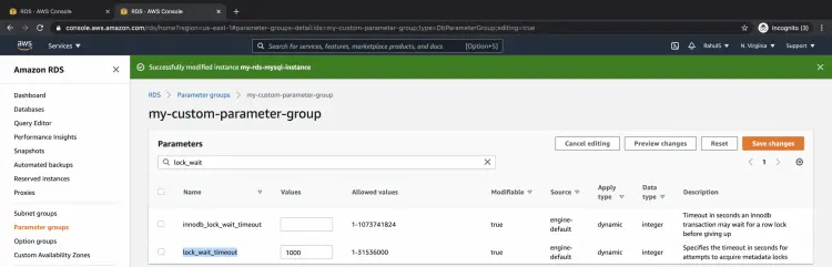 Поле редактирования параметра lock_wait_timeout с новым значением