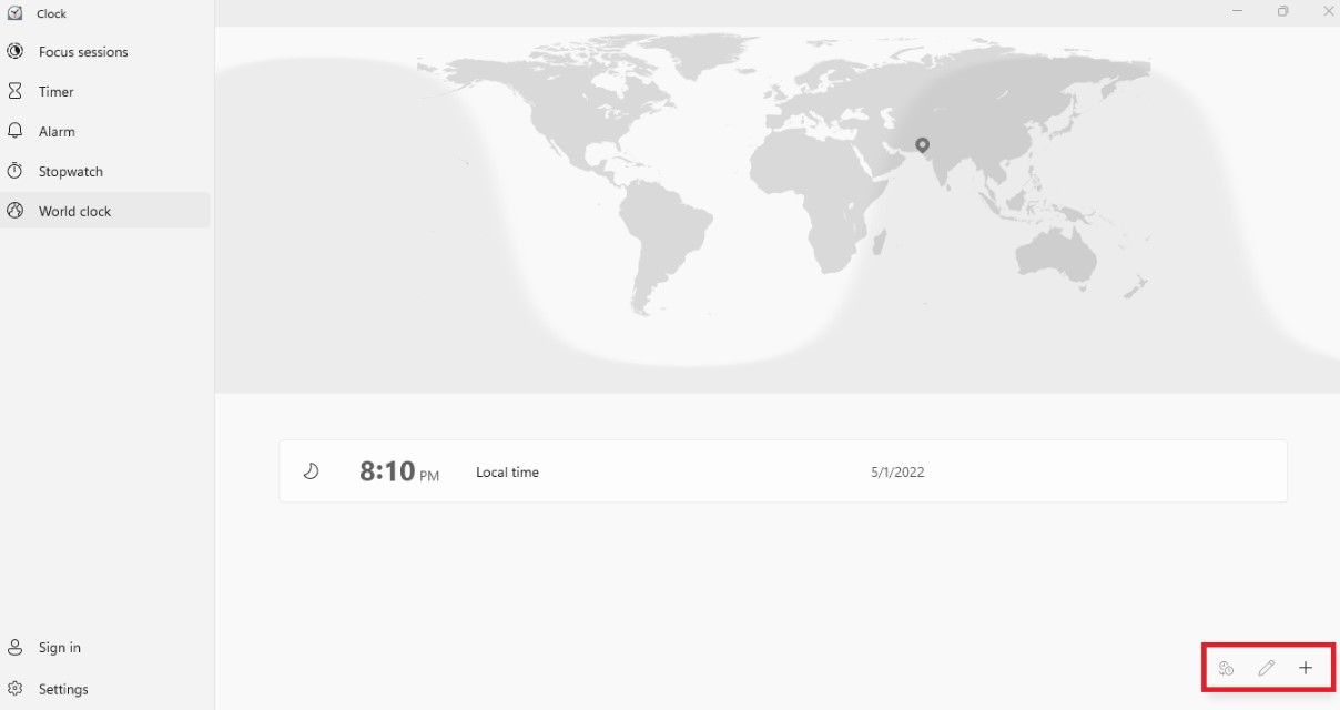 Список мировых часов, отображаемых на карте в Windows 11
