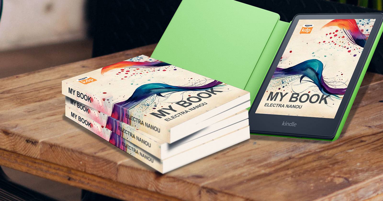 Устройство Kindle и книги на столе