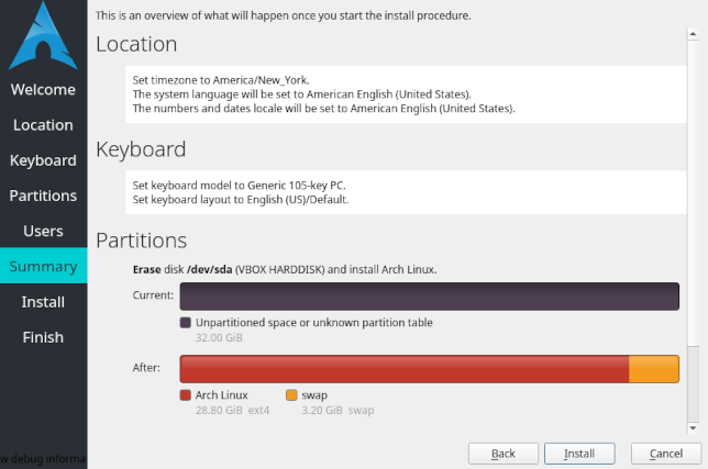 The Arch Linux Calamares installer summary screen