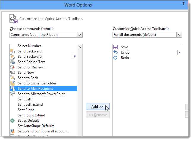 Добавление команды Отправить получателю по эл.почте
