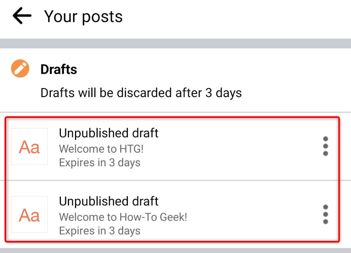 Черновики, сохранённые в приложении Facebook для Android, выделены.