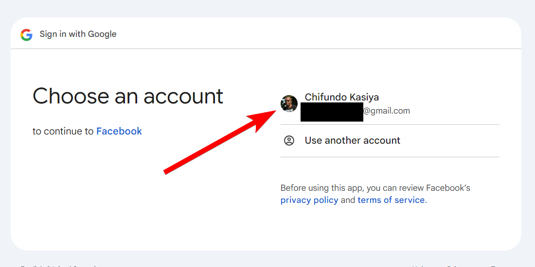 Выбор учётной записи Google для входа в Facebook.