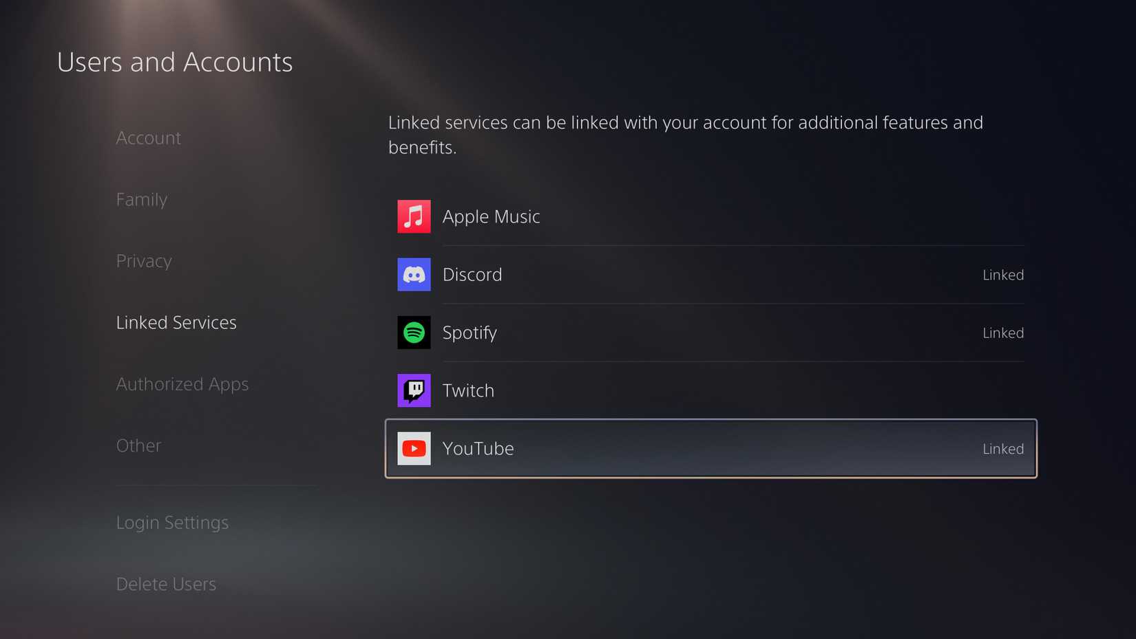 Список привязанных аккаунтов PS5