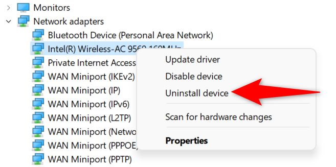Пункт 'Удалить устройство' для сетевого адаптера в Диспетчере устройств