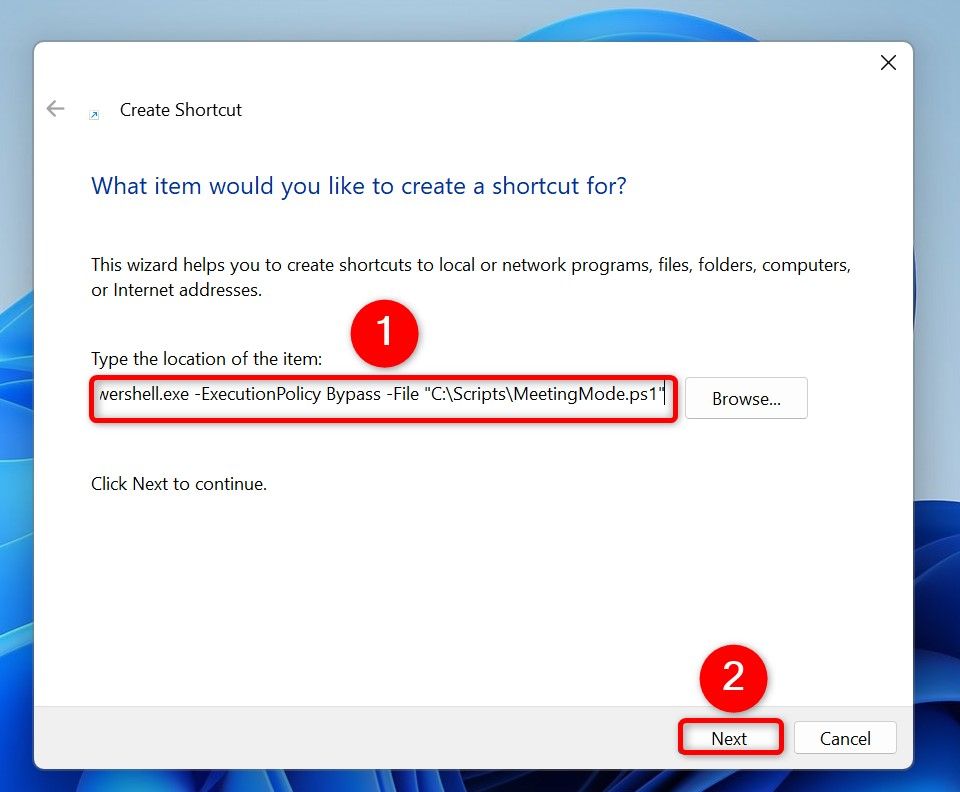 Окно 'Создать ярлык' с выделенными параметрами.
