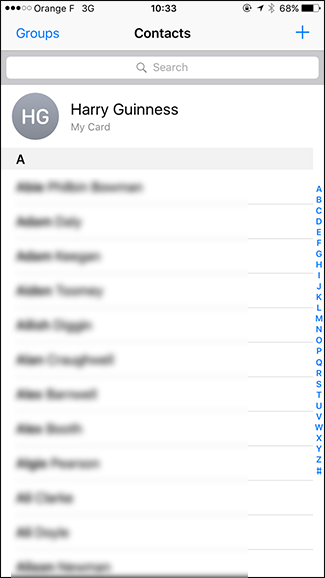 Экран приложения Контакты с записями