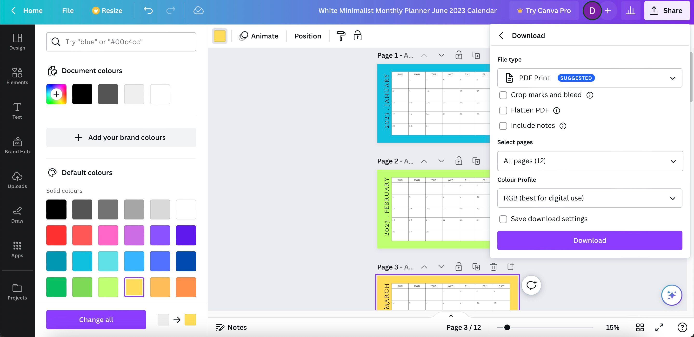 Окно выбора формата и кнопка Download в Canva