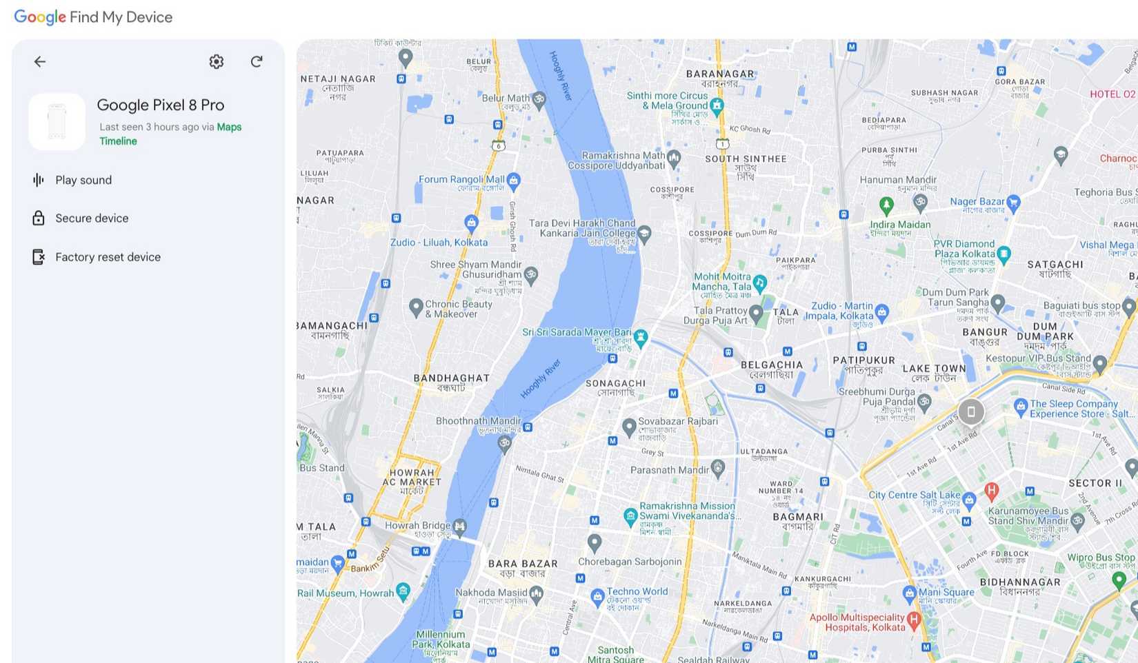 Экран Find My Device в веб‑версии с картой и маркером последней известной позиции