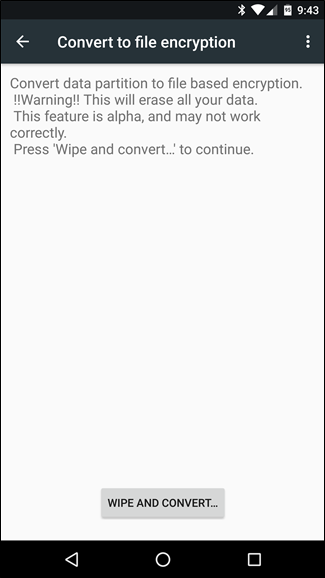 Скриншот раздела Параметры разработчика с опцией преобразования в файловое шифрование
