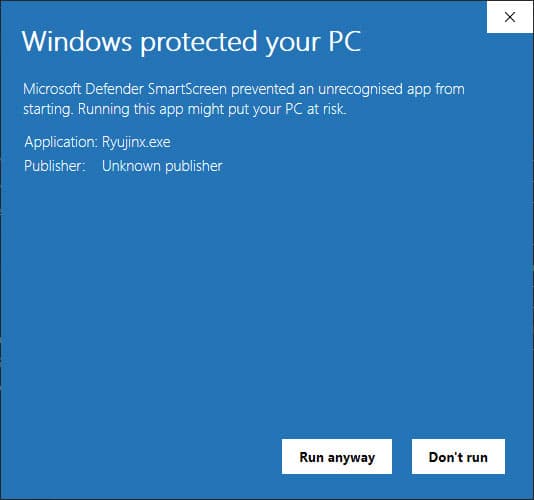 Предупреждение Microsoft Defender при запуске Ryujinx