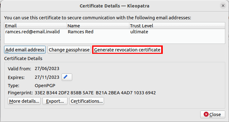 Опция генерации сертификата отзыва в GNU Kleopatra