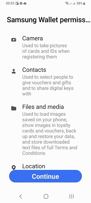 Стандартные разрешения, запрашиваемые приложением Samsung Wallet.