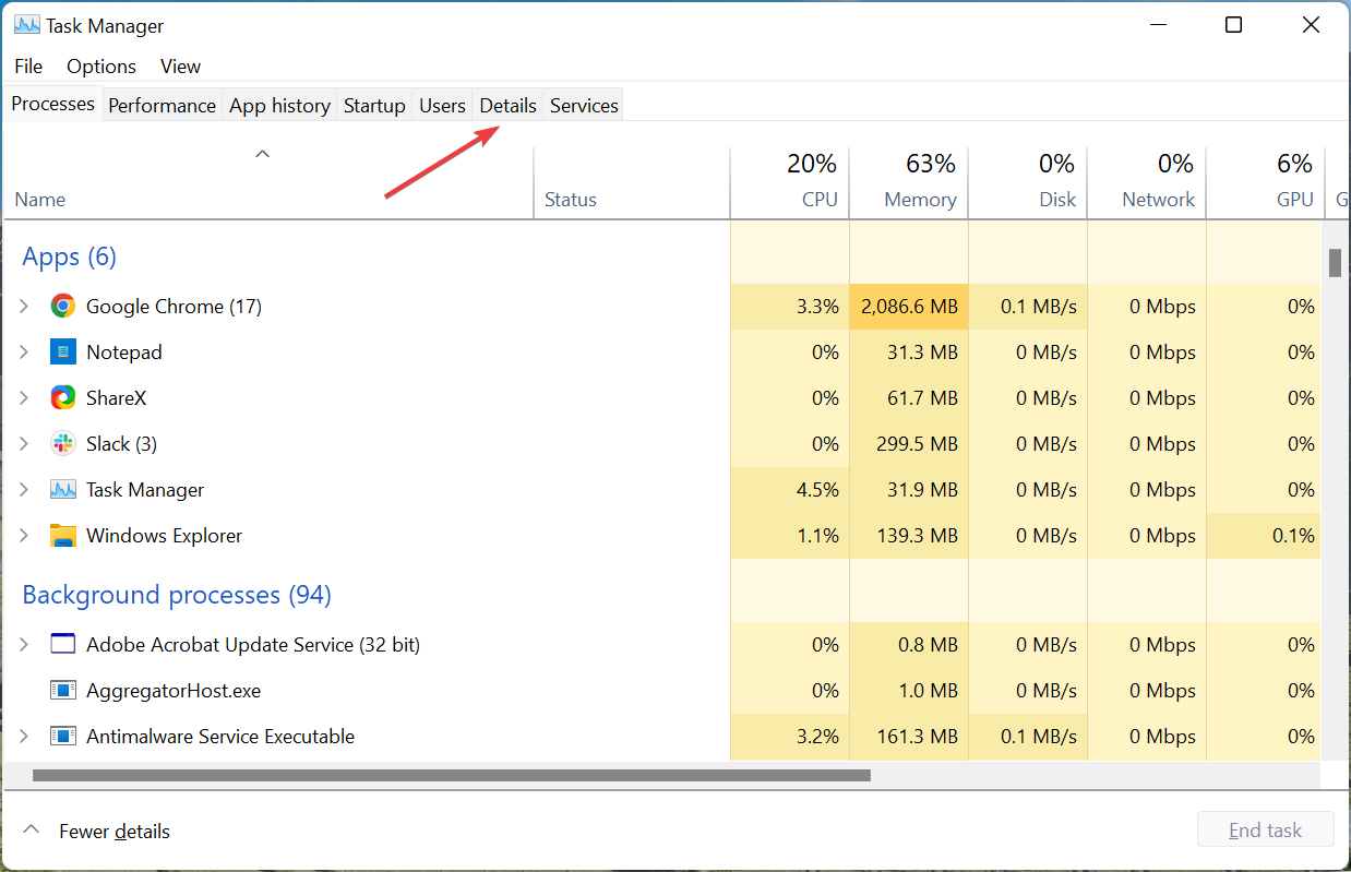 Вкладка «Подробности» в Диспетчере задач