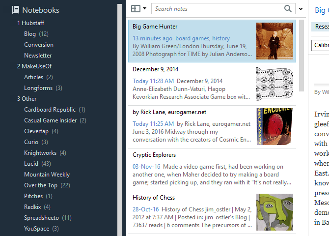 Список блокнотов в левой панели с разделением по стеку