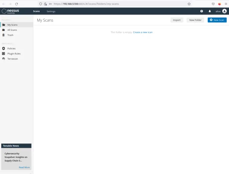 Дашборд Nessus после установки