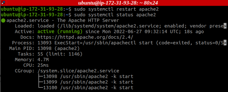 Проверка статуса сервиса Apache в systemd