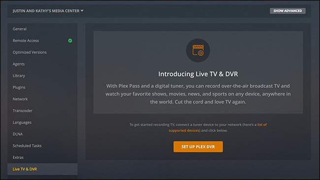 Опция Live TV & DVR в Plex