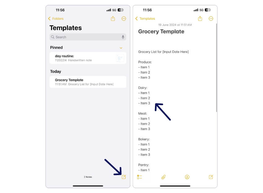 Пример шаблона списка покупок в Apple Notes